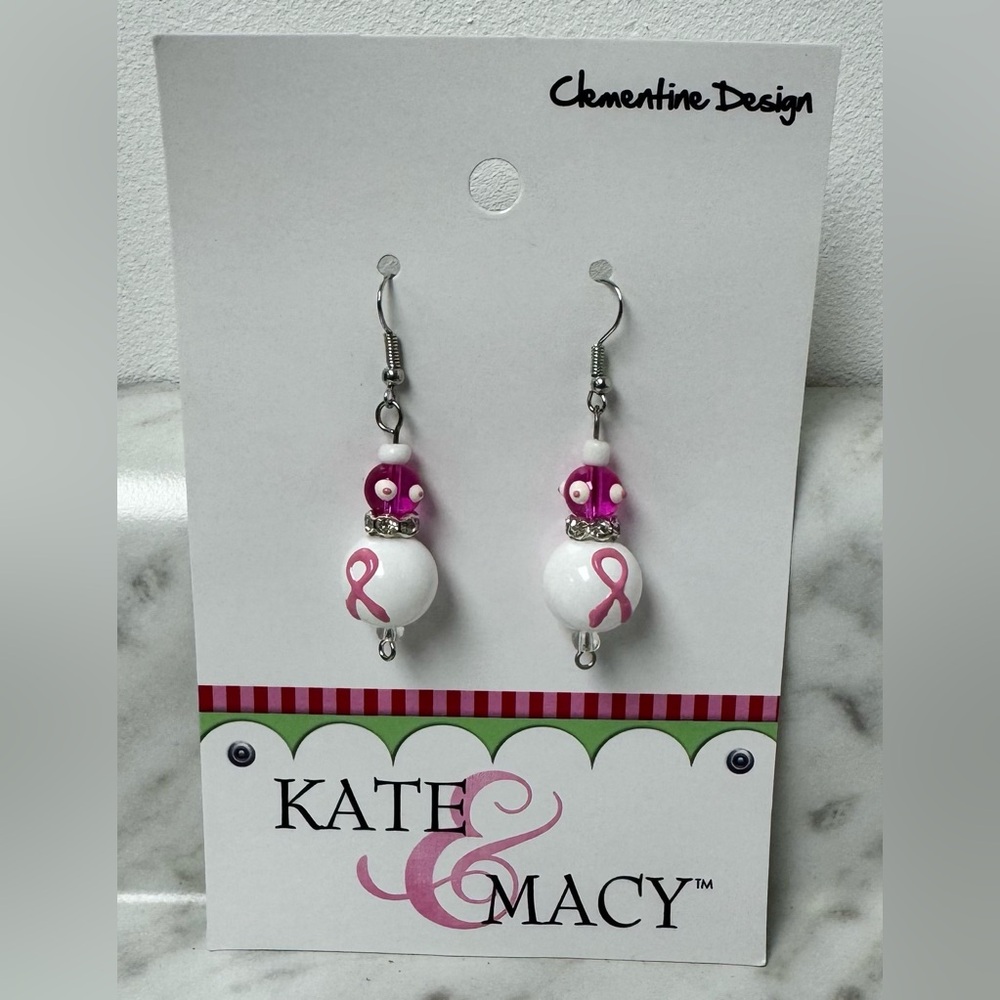 Kate & Macy Pink Ribbon Breast Cancer Awareness Drop Earrings NWT